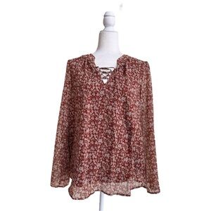 West K Red Floral Print Long Sleeve Laced V Neck Womens Size M Blouse